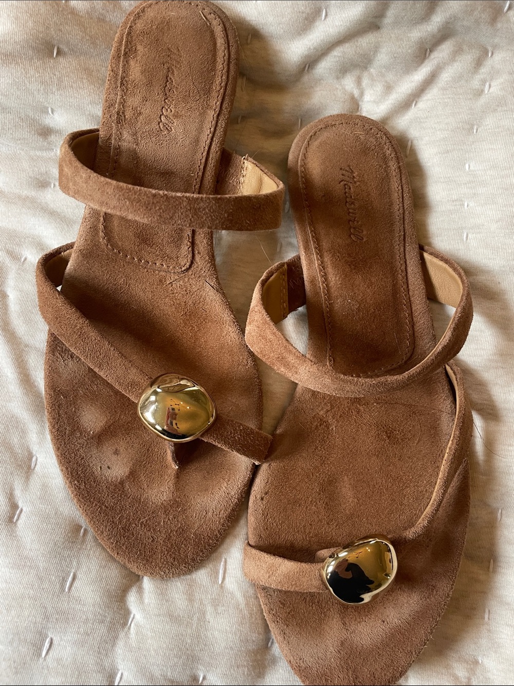 Madewell Tan Suede Thong Sandals with Gold Accent